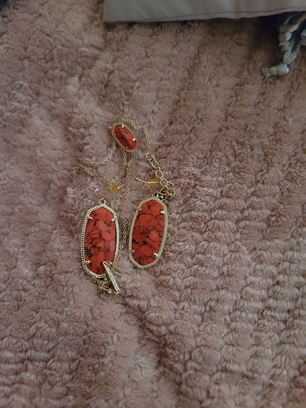 Kendra Scott Gold-Tone Coral Red Stone Necklace and Earrings Set